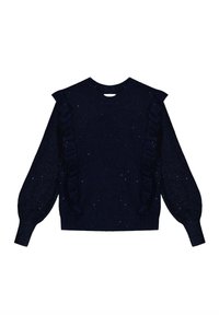 Granatowy sweter dzianinowy z falbaniastymi detalami na ramionach, o teksturowanym wykończeniu i małych, błyszczących akcentach w całej strukturze. Długie rękawy w kształcie balonów.