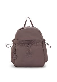 Sac à dos en nylon mauve foncé avec poches latérales réglables, fermeture à cordon, patch logo emblématique et une poignée sur le dessus pour un transport facilité.