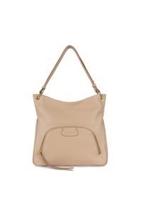 Beige leren handtas met een slonzig ontwerp, een ritsvak aan de voorkant, gouden hardware en een enkele schouderriem. Zachte textuur en eenvoudige vorm.