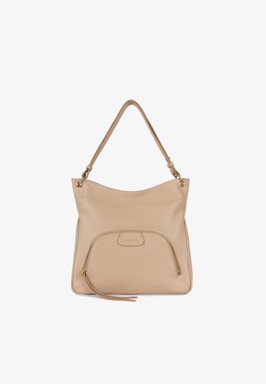 Borsa a mano in pelle beige con un design morbido, tasca frontale con zip, dettagli in oro e una singola tracolla. Texture morbida e forma semplice.