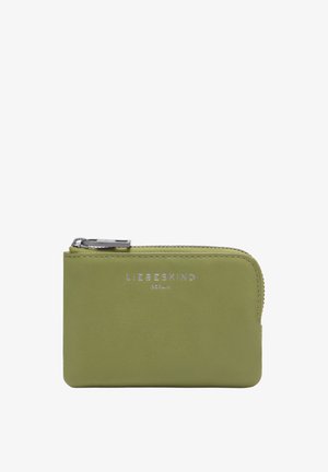 Small olive green leather wallet with silver zipper and "Liebeskind Berlin" logo on front.