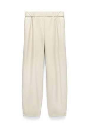 Roomvallende broeken in crèmekleur met elastische tailleband en rechte pijpen, afgebeeld op een witte achtergrond.