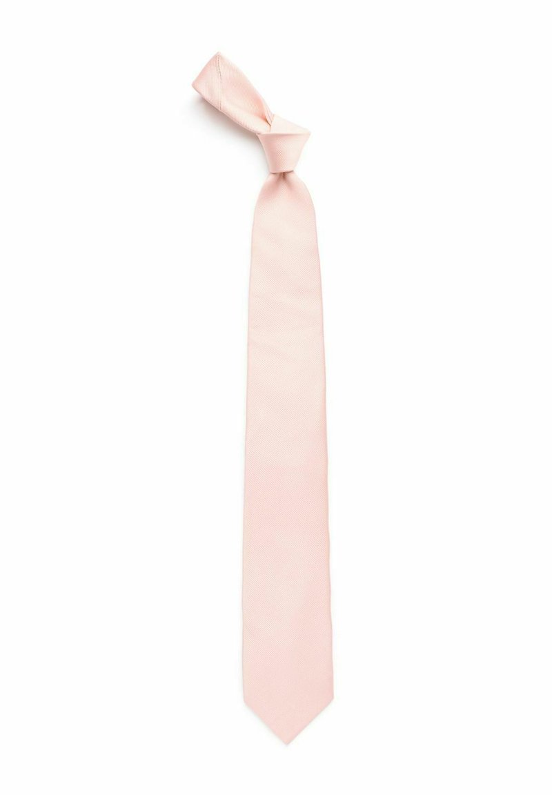 Ljusrosa slips gjord av slät tyg, med en enfärgad design. Slipsen är smal, med en spetsig ände och en knut upptill.