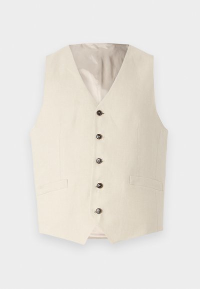 Beige Leinenweste mit V-Ausschnitt, fünf dunklen Knöpfen und zwei vorderen Taschen. Das Innenfutter ist in einer hellen Farbe gehalten.