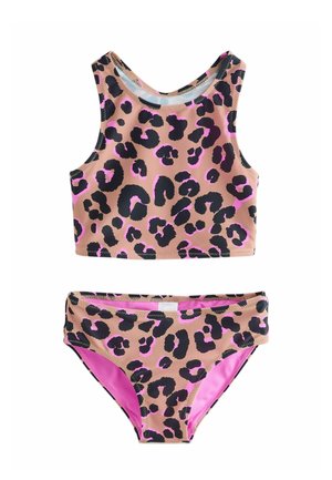 Kaheosaline ujumistrikoo beežis värvitoonis, millel on musta ja roosa leopardimuster, mis hõlmab varrukateta crop-topi ja sobivaid bikiinialuseid.
