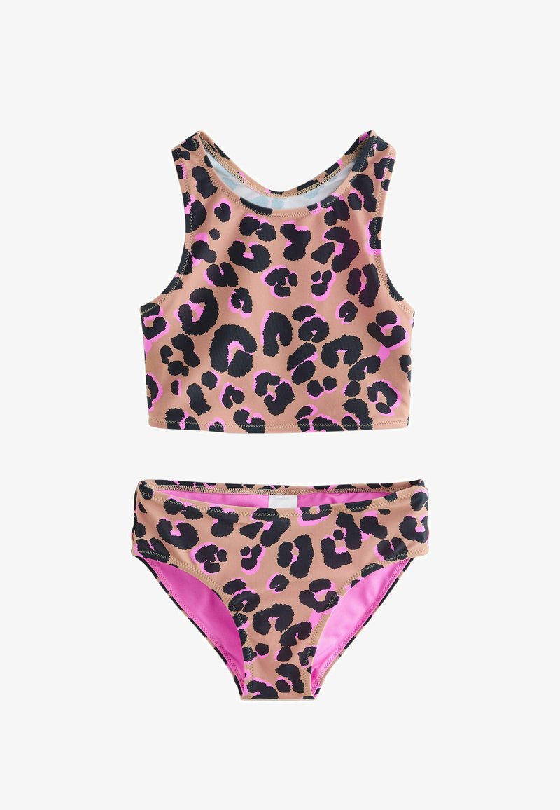 Dvodelne kopalke z leopardjim vzorcem v črni in roza barvi na bež podlagi, sestavljene iz brezrokavnega kratkega topa in ujemajočih bikini hlačk.