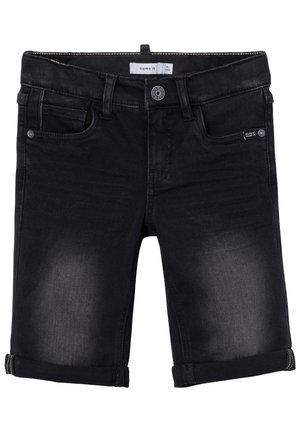 Shorts en denim noir avec un ourlet roulé, cinq poches et une fermeture à bouton. Présente un léger délavage et une étiquette de marque sur la poche avant.