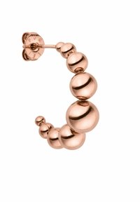 Ohrringe in Roségold mit einem geschwungenen Design, das verschiedene Größen von glänzenden, kugelförmigen Perlen auf der Vorderseite aufweist, die mit einem Steckverschluss gesichert sind.