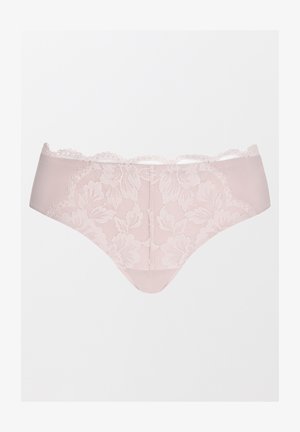 Ropa interior de encaje rosa claro con patrones florales, bordes de encaje con forma de ondas y un cuerpo de tela suave, diseñado con un corte clásico de braguita.