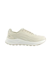 Helle beige Sporteinschuhe mit einem strukturierten Mesh-Obermaterial, gepolstertem weißen Zwischensohlen, Gummisohle und minimalistischem Design, mit Schnürverschluss.
