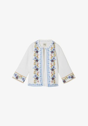 Biała kurtka z długim rękawem ozdobiona niebieską, zieloną, czerwoną i żółtą kwiatową haftowaną dekoracją wzdłuż przednich krawędzi i mankietów, otwarty przód.