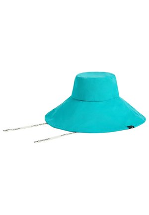 Sombrero de ala ancha color turquesa brillante con copa plana y dos correas blancas para la barbilla impresas con "LA VIDA ES INCREÍBLE."