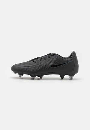 Black soccer cleat with textured upper, rounded toe, and lace closure. Features protruding studs on the sole for traction.