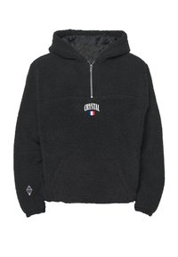 Maglione in pile nero con zip a quarto, cappuccio e tasca frontale. Presenta il logo "CRYSTAL" con un accento della bandiera francese, tessuto texturizzato.