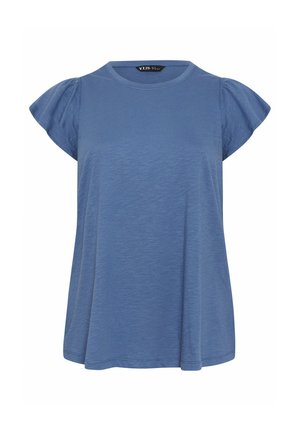 Blusa blu a maniche corte con scollo tondo e maniche leggermente arricciate, realizzata in tessuto morbido e leggero.