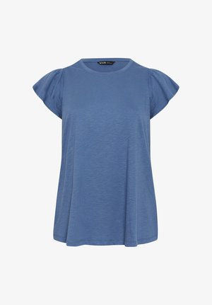 Blå bluse med korte ærmer, rund halsudskæring og let pufærmer, lavet af blødt, letvægtsstof.