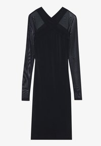 Svart klänning med långa, genomskinliga nätärmar och en djup V-ringning. Bodice har en korsande design och en slät, figurnära silhuett.