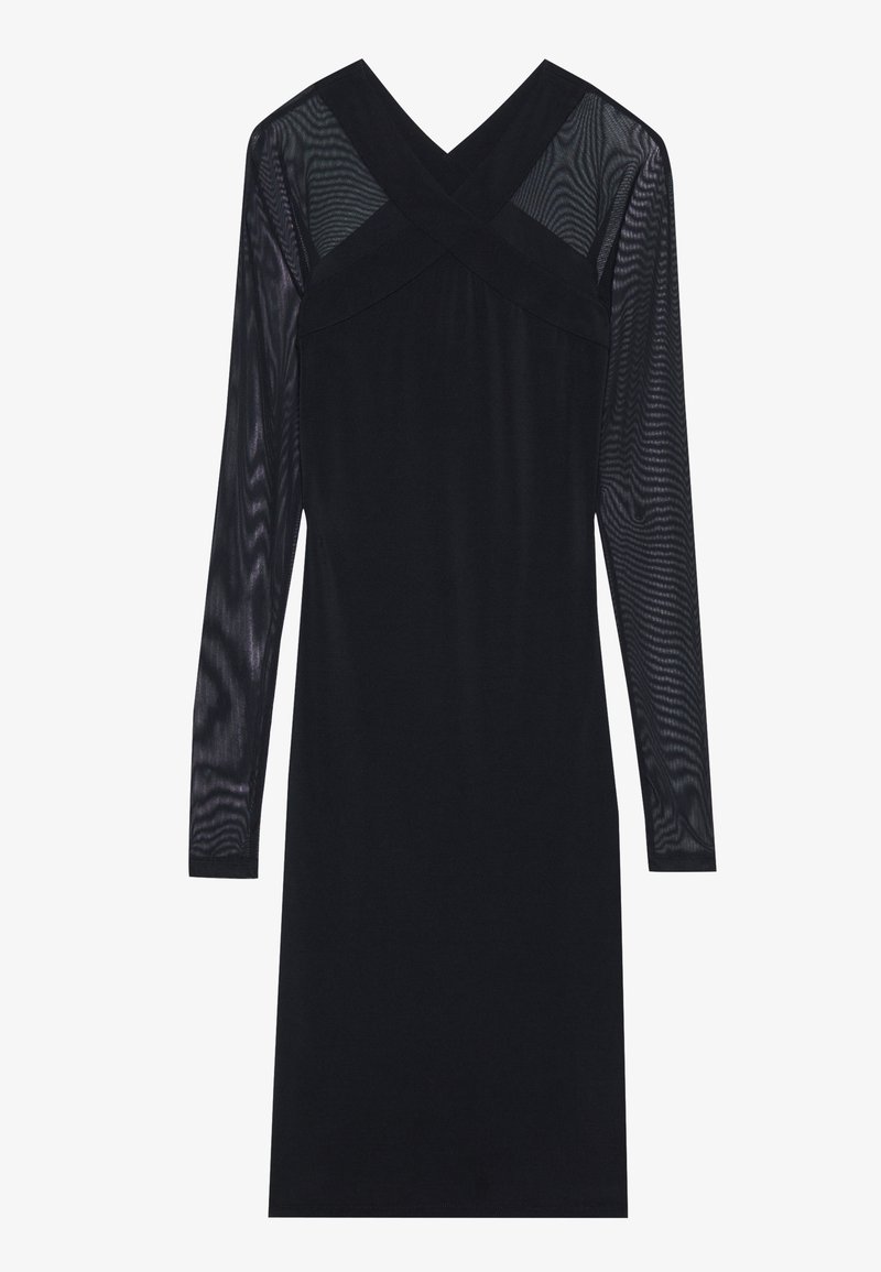 Vestido negro con mangas largas de malla transparente y un escote en V profundo. El corsé presenta un diseño entrecruzado y una silueta ajustada y suave.