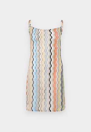 Ärmelloses Midikleid mit dünnen Trägern, mit vertikalen wellenförmigen Streifen in Beige, Blau, Schwarz, Orange, Gelb und Grün auf hellem Hintergrund.
