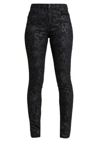 Černé skinny džíny s hadím potiskem a hladkým povrchem, s knoflíkovým a zipovým zapínáním, pěti kapsami a přiléhavým střihem.