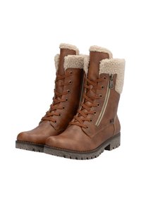 Bruine leren veterschoenen met een zachte beige kraag, een zijrits, een gestructureerde rubberen zool en standaard veterogen.