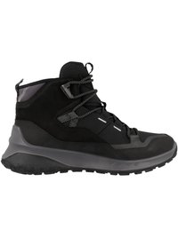 Scarpe da trekking nere con una combinazione di materiali sintetici e in pelle scamosciata, design alto, mesh testurizzato, suola in gomma e lacci a contrasto.
