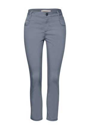 Grå, lätta, slim-fit byxor med en slät yta, utrustade med framfickor och knäppning, designade för en skräddarsydd look.