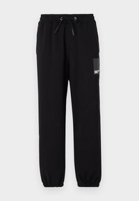 Sorte sweatpants med elastisk talje og snor, med manchetter ved bunden og et lille logo på den venstre front. Glat stoftekstur.