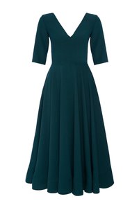 Tunika midi w kolorze teal, z dekoltem w kształcie litery V, dopasowanym gorsetem i rękawami do łokcia. Rozkloszowana spódnica z plisami i gładką fakturą.