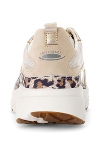Beige Sneaker mit Mesh-Panels, einem Leopardenmuster-Akzent in der Nähe der Sohle und einem metallischen Zugband. "Rollingsoft"-Markierung an der Ferse.