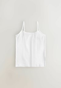 Witte mouwloze katoenen tanktop met verstelbare bandjes, rechte zoom en een gladde textuur. Eenvoudig ontwerp dat geschikt is voor layering.