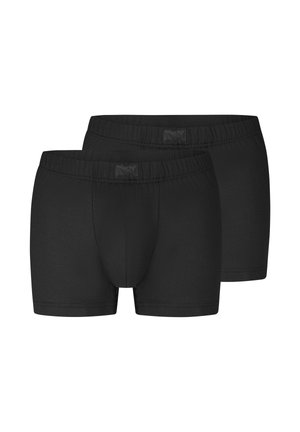 Zwei einfarbige schwarze Herren-Boxershorts mit elastischem Bund, vorne und hinten gezeigt, auf weißem Hintergrund.