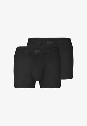 Zwei einfarbige schwarze Herren-Boxershorts mit elastischem Bund, vorne und hinten gezeigt, auf weißem Hintergrund.