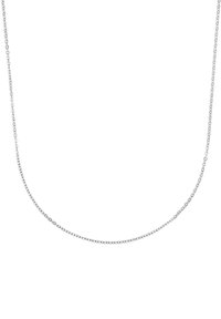 Collana delicata in argento con piccoli anelli circolari strettamente uniti che formano un semplice e elegante anello su uno sfondo bianco.