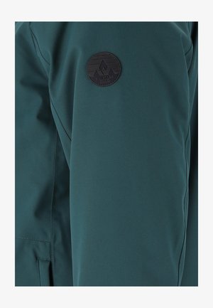 Dark green jacket sleeve with black circular patch featuring mountain logo and "WHISTLER" text on upper arm.
