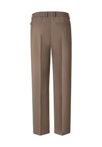 Bruine broek met een losse pasvorm, voorzien van een elastische tailleband, twee achterzakken en rechte pijpen. Glad materiaal en minimaal detail.