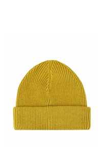 Cappello beanie giallo lavorato a maglia con risvolto, caratterizzato da una texture a coste e un design della corona senza cucitura per una vestibilità aderente.