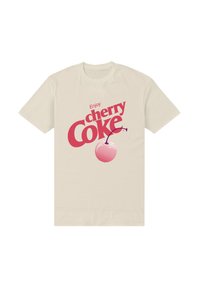 Krémové bavlněné tričko s výrazným růžovým nápisem "Užijte si cherry Coke" a grafickým motivem pruhované třešně. Klasický design s kulatým výstřihem.