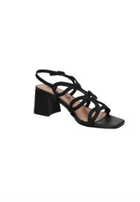 Sandali neri con tacco a blocco e punta quadrata. Presentano cinturini intrecciati e una cinghia alla caviglia regolabile per una vestibilità sicura.