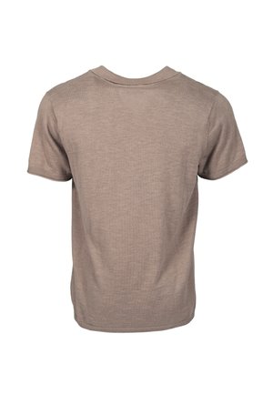 Krátký béžový pletený svetr s kulatým výstřihem, zobrazený zezadu na bílém pozadí.