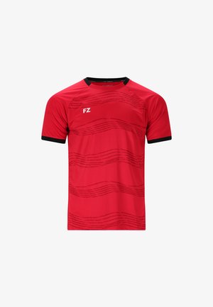 Röd sport t-shirt med svarta detaljer, som har ett vågmönster och "FZ"-logotypen på framsidan. Tillverkad av lätt och andningsbart material.