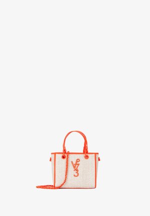 Kleine geweven beige totebag met oranje rand, handvaten, kettingstrap en V73-logo aan de voorkant.