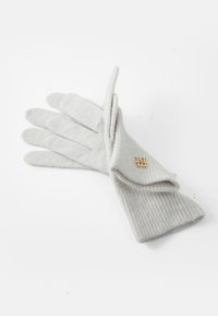 Gray gloves made of soft knit fabric, featuring a ribbed texture and a small gold logo accent on the wrist area.