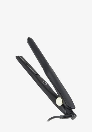 Zwarte haarstijlknijper met digitale temperatuuraanzeige en aan/uit-knop, geopend weergegeven tegen een effen witte achtergrond.