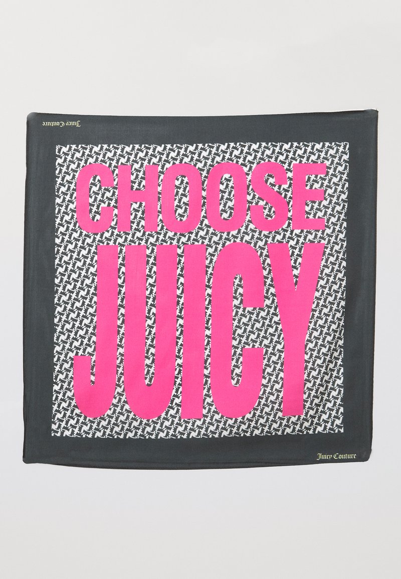 Square scarf in black cotton with a houndstooth pattern. Features bold pink text "CHOOSE JUICY" in uppercase. Small logo in corner.