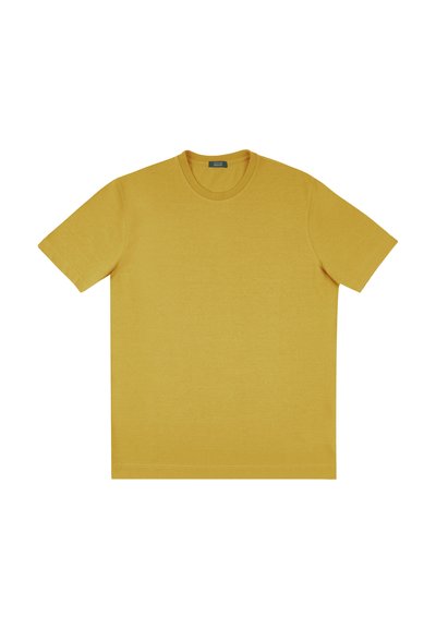 T-shirt gialla a maniche corte realizzata in cotone morbido, con scollatura rotonda e vestibilità dritta, caratterizzata da una superficie liscia e priva di motivi visibili.