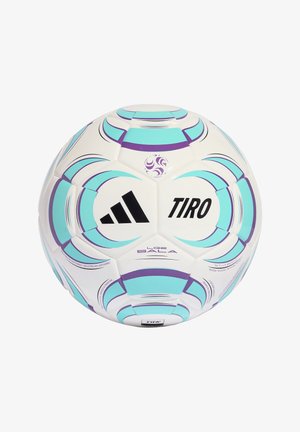 Biały piłka do piłki nożnej Adidas Tiro z turkusowymi i fioletowymi geometrycznymi wzorami oraz logo na gładkim białym tle.