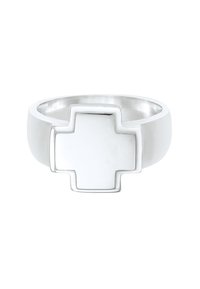 Sølvring med et korsdesign i midten, glat poleret overflade, rund ring og et minimalistisk æstetik.