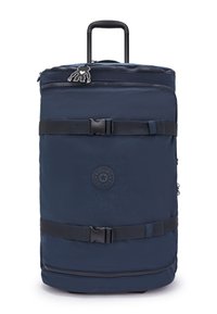 Navy fabric travel backpack with retractable handle, zippered compartments, and adjustable straps. Features a logo patch and smooth texture.