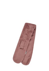 Rose-colored fleece headband with a soft texture, elongated design, and a loop closure detail for secure fit.